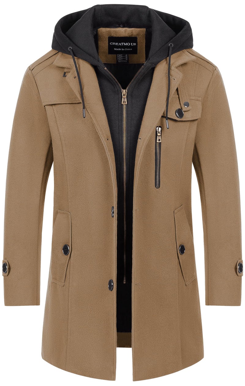 CREATMO US Wool Coat Men Trench Coats Jacket Casual Fall Men's Winter Stylish Blend Single Breasted Military Peacoat Khaki XL - Image 1