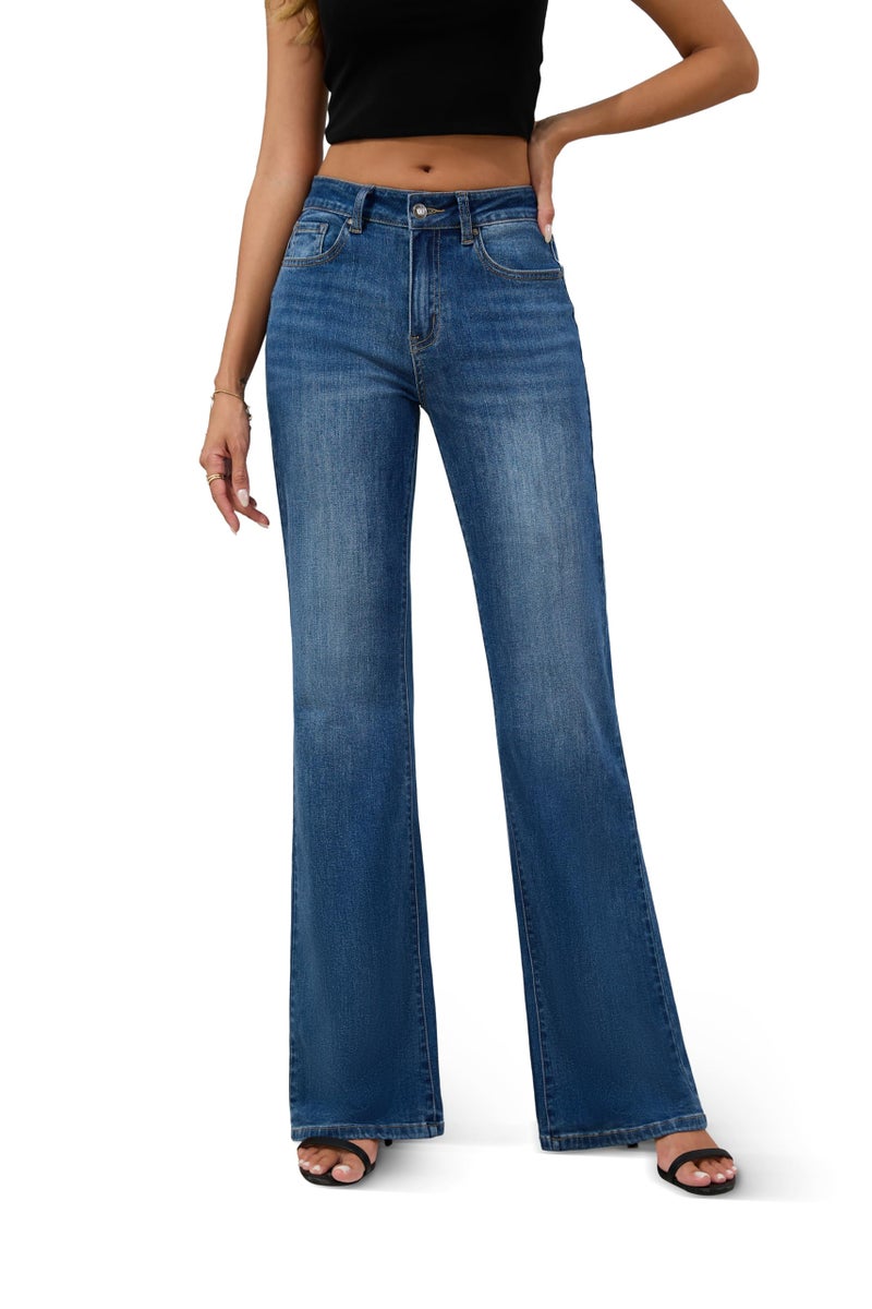 FLYING BANANA Women's High Rise Wide Leg Baggy Stretchy Loose Flare Bell Bottom Denim Jeans (Medium Blue, 10) - Image 1