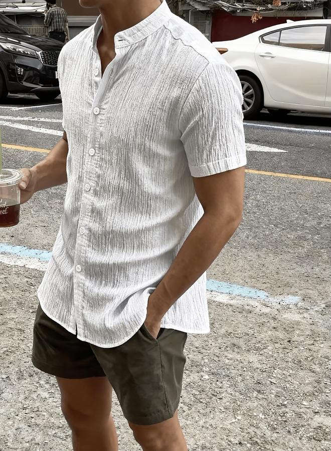 Take Two White Plain Short-Sleeve Band Collar Shirt - Image 1
