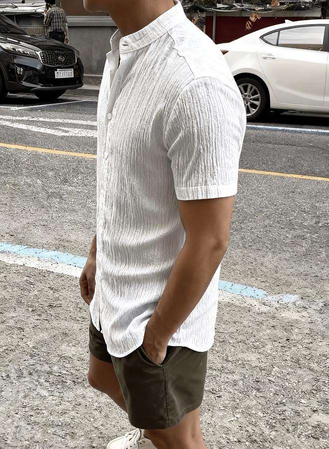 Take Two White Plain Short-Sleeve Band Collar Shirt - Image 3