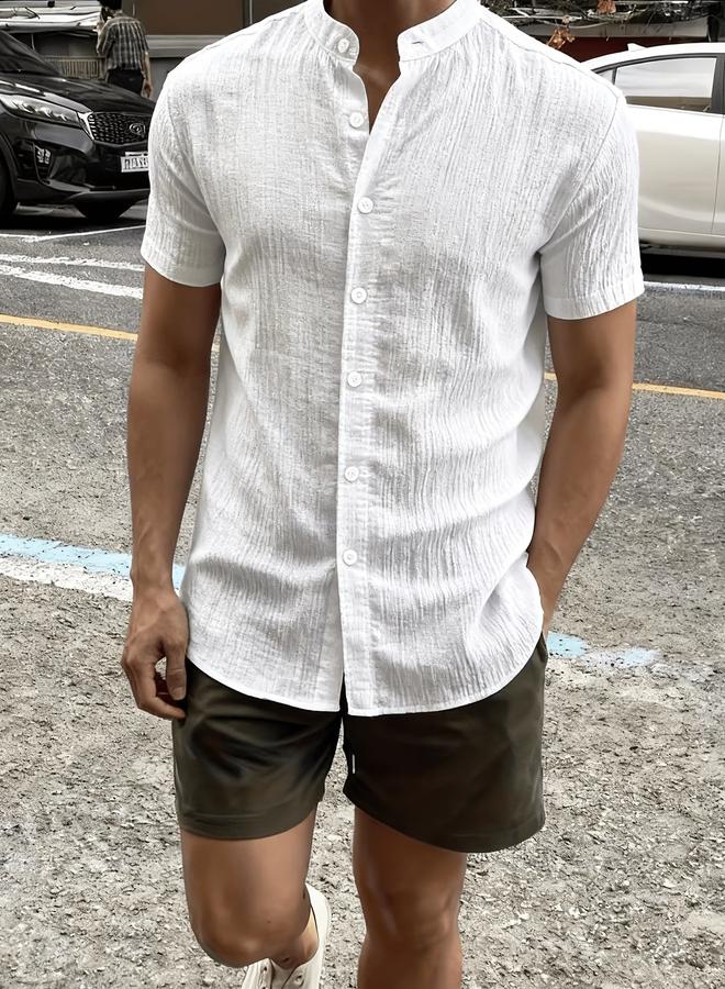 Take Two White Plain Short-Sleeve Band Collar Shirt - Image 2