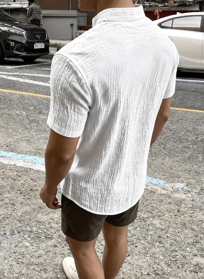 Take Two White Plain Short-Sleeve Band Collar Shirt - Image 4