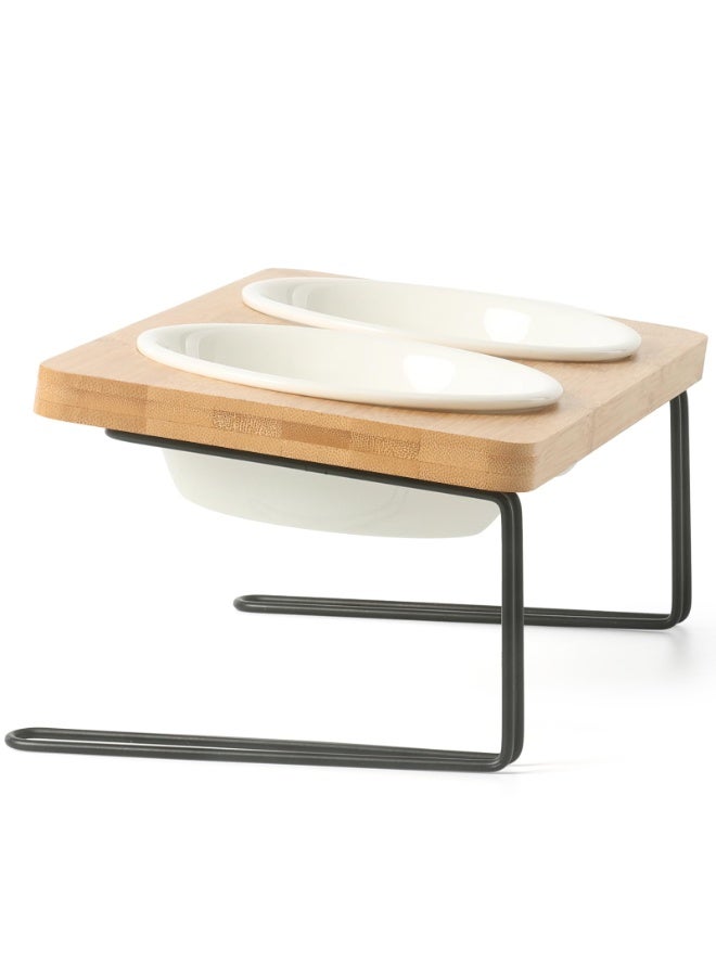 Elevated Cat Ceramic Bowls, Small Dog 15° Tilted Raised Food Feeding Dishes, Solid Bamboo Water Stand Feeder Set for Cats and Puppy - Image 1