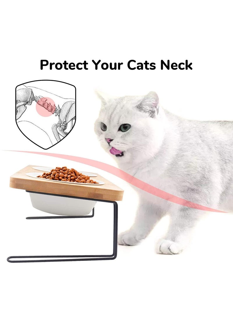 Elevated Cat Ceramic Bowls, Small Dog 15° Tilted Raised Food Feeding Dishes, Solid Bamboo Water Stand Feeder Set for Cats and Puppy - Image 4