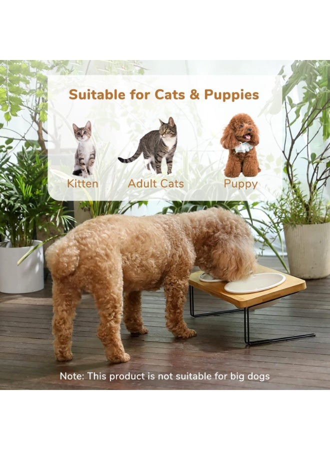 Elevated Cat Ceramic Bowls, Small Dog 15° Tilted Raised Food Feeding Dishes, Solid Bamboo Water Stand Feeder Set for Cats and Puppy - Image 2