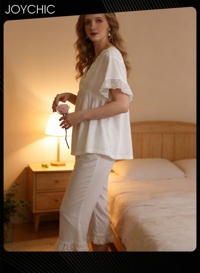جوي شيك بيجامة نسائية فرنسية أنيقة من قطعتين لفصل الربيع والخريف والصيف بأكمام قصيرة وسروال قصير مزين بالدانتيل على شكل حرف V مريحة بلون أبيض - Image 2