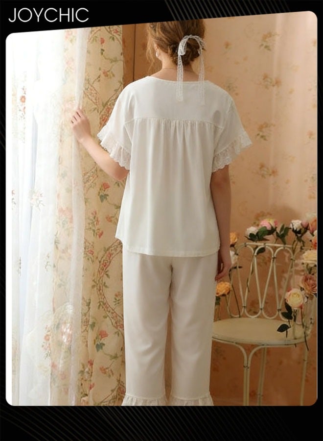 جوي شيك بيجامة نسائية فرنسية أنيقة من قطعتين لفصل الربيع والخريف والصيف بأكمام قصيرة وسروال قصير مزين بالدانتيل على شكل حرف V مريحة بلون أبيض - Image 3