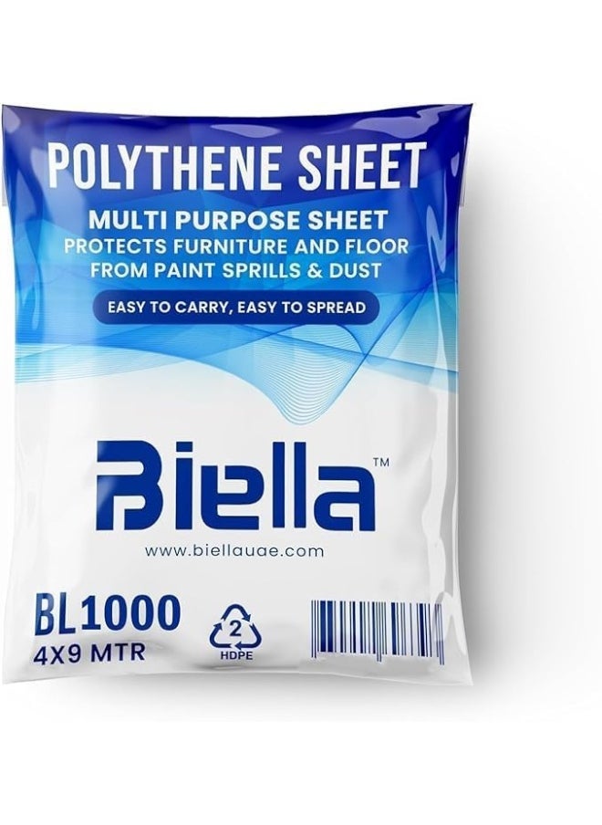 Biella Biella 9mtr Painters Polythene Sheet â€“ Waterproof, Anti-dust Drop Cloth For Painting, Couch And Furniture Cover, Disposable Tarp For Easy Cleanup (1000 G) 
