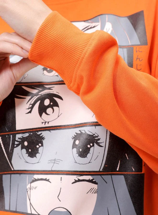 Freehand Women Relaxed Fit Anime Printed Crewneck Sweatshirt