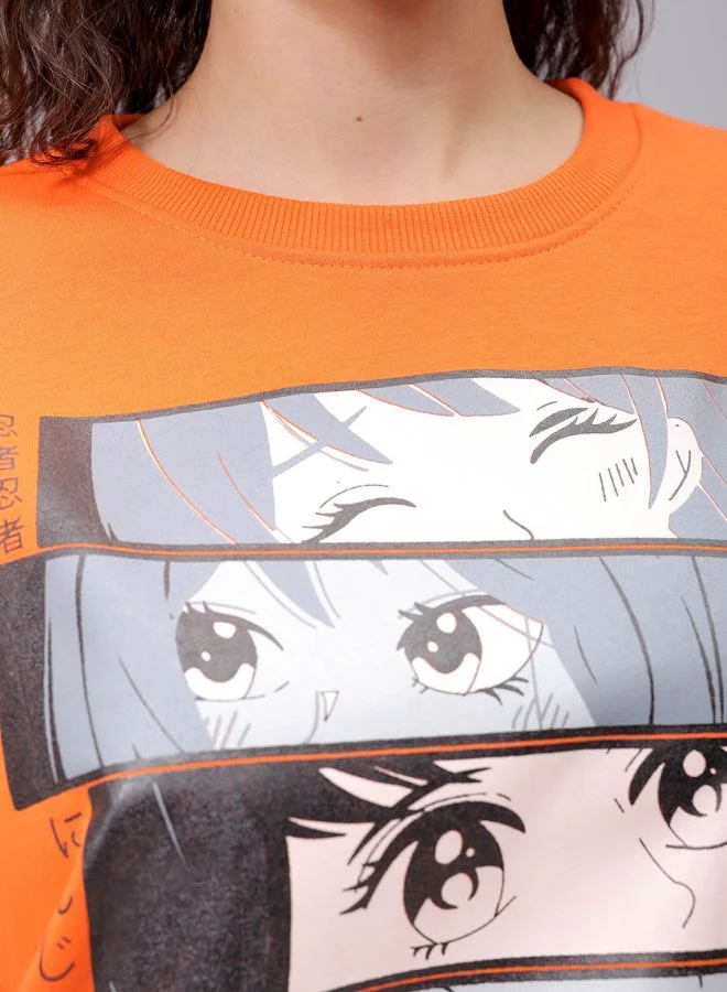 Freehand Women Relaxed Fit Anime Printed Crewneck Sweatshirt