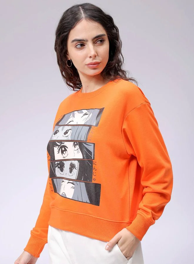 Freehand Women Relaxed Fit Anime Printed Crewneck Sweatshirt