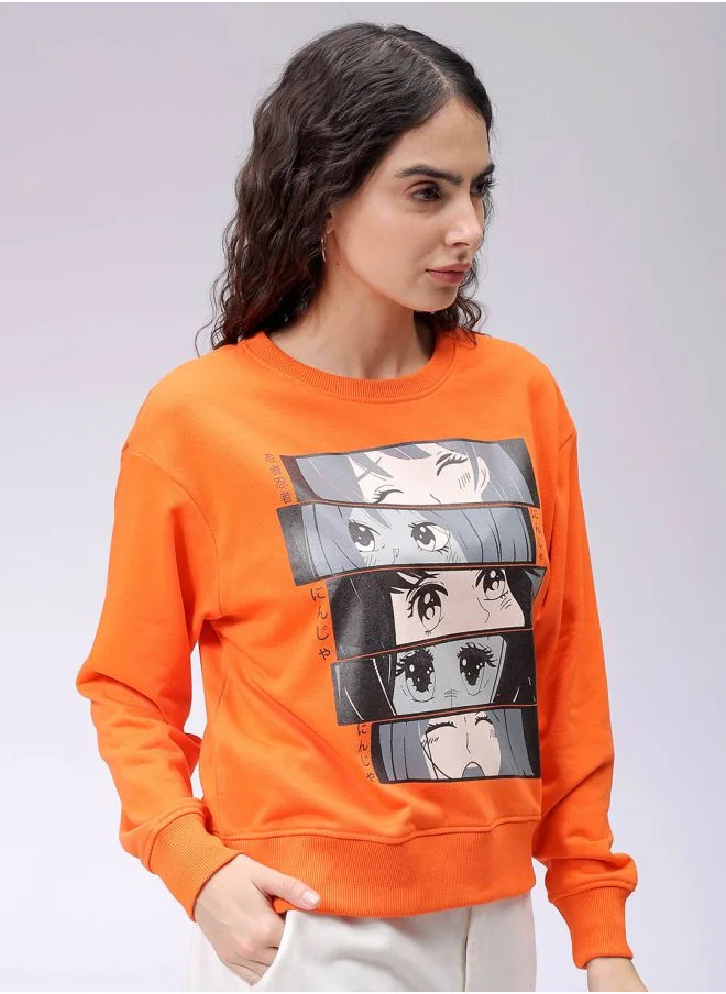 Freehand Women Relaxed Fit Anime Printed Crewneck Sweatshirt