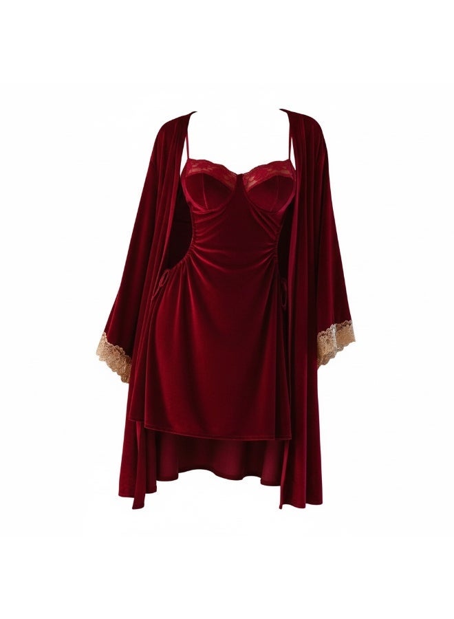 Two-piece velvet nightgown set with side slits and lace details - Image 1