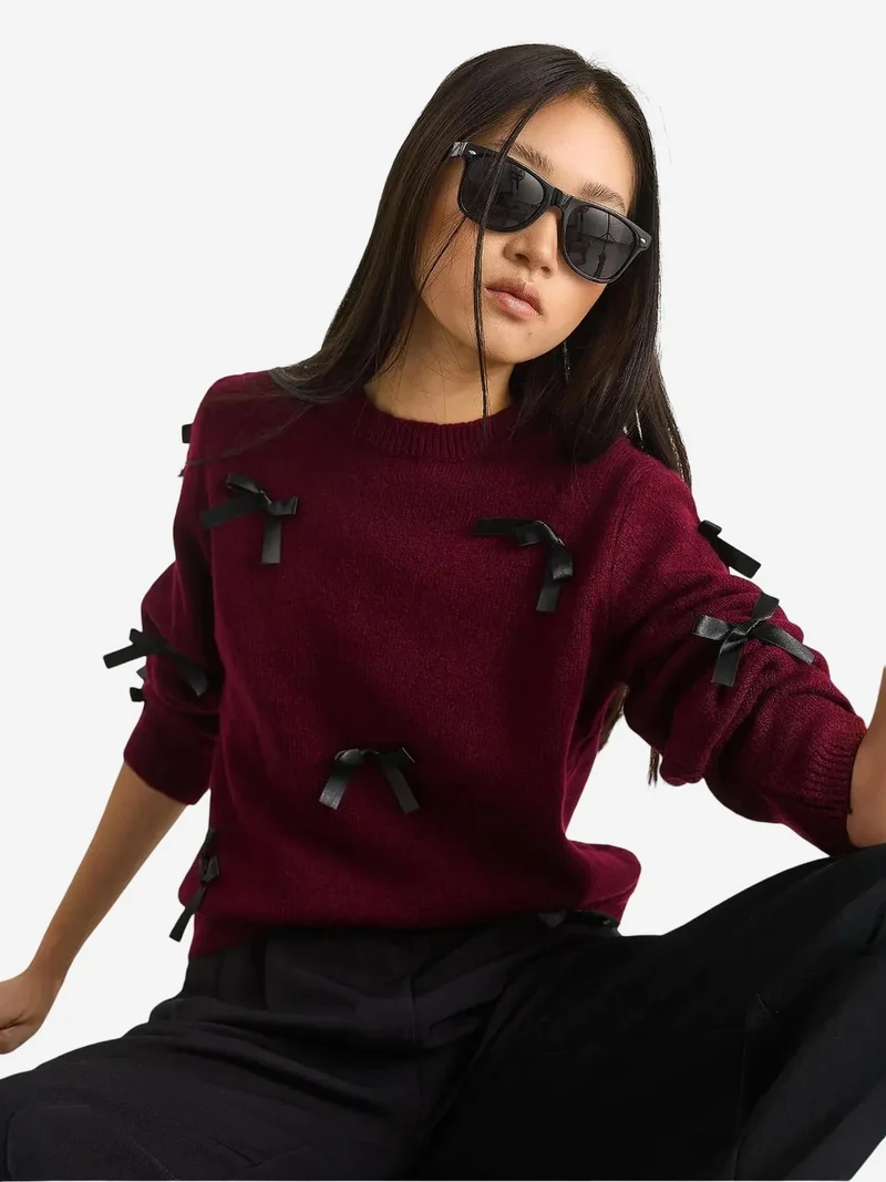 Bianco Lucci LUCCI Bow Detailed Crew Neck Sweater