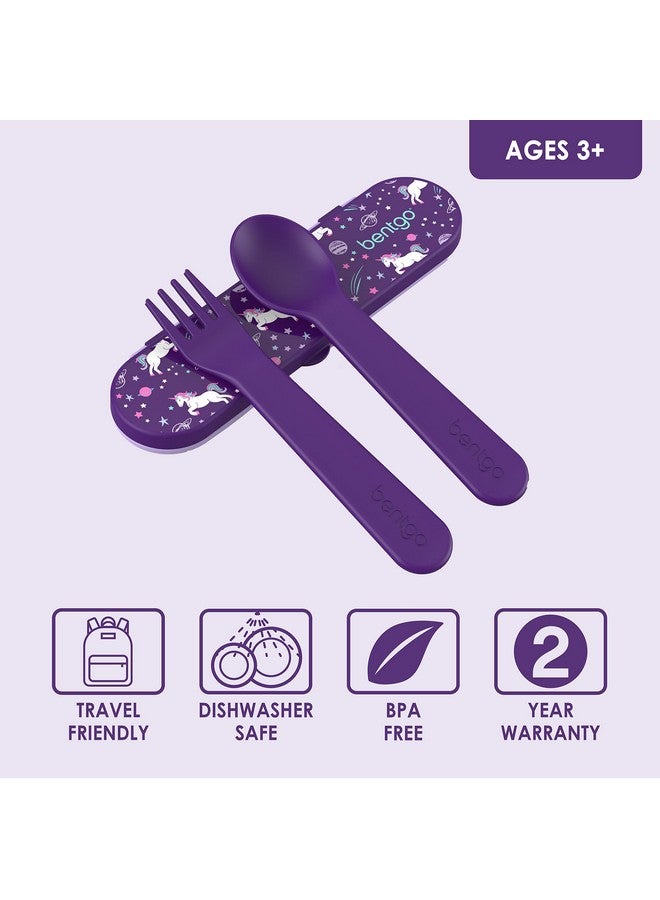 Bentgo ® مجموعة أدوات الأطفال المصنوعة من البلاستيك القابلة لإعادة الاستخدام والشوكة والملعقة وحقيبة التخزين والمواد الخالية من مادة Bpa ومقابض سهلة الإمساك وآمنة للاستخدام في غسالة الأطباق ومثالية لتناول غداء المدرسة والسفر والأنشطة الخارجية (يونيكورن) - Image 4
