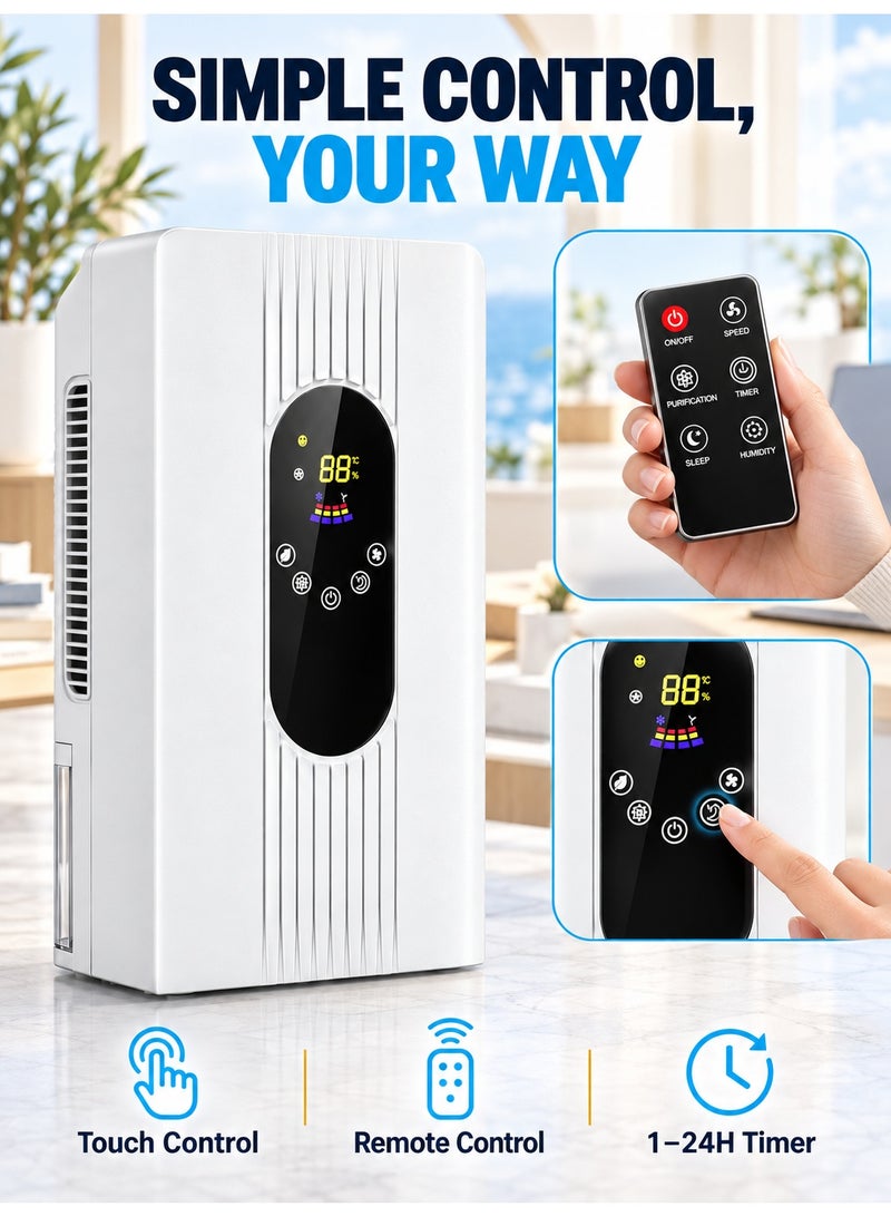 WALALLA 2200ML Small Dehumidifier with Remote Control, Humidity and Temperature Display, 24H Timer, Sleep Mode and Auto Shut-Off for Bedroom, Bathroom, Closet and RV - Image 4