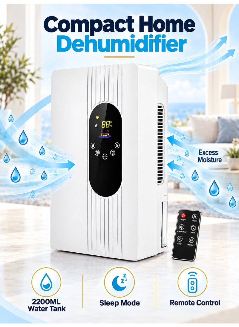 WALALLA 2200ML Small Dehumidifier with Remote Control, Humidity and Temperature Display, 24H Timer, Sleep Mode and Auto Shut-Off for Bedroom, Bathroom, Closet and RV - Image 1