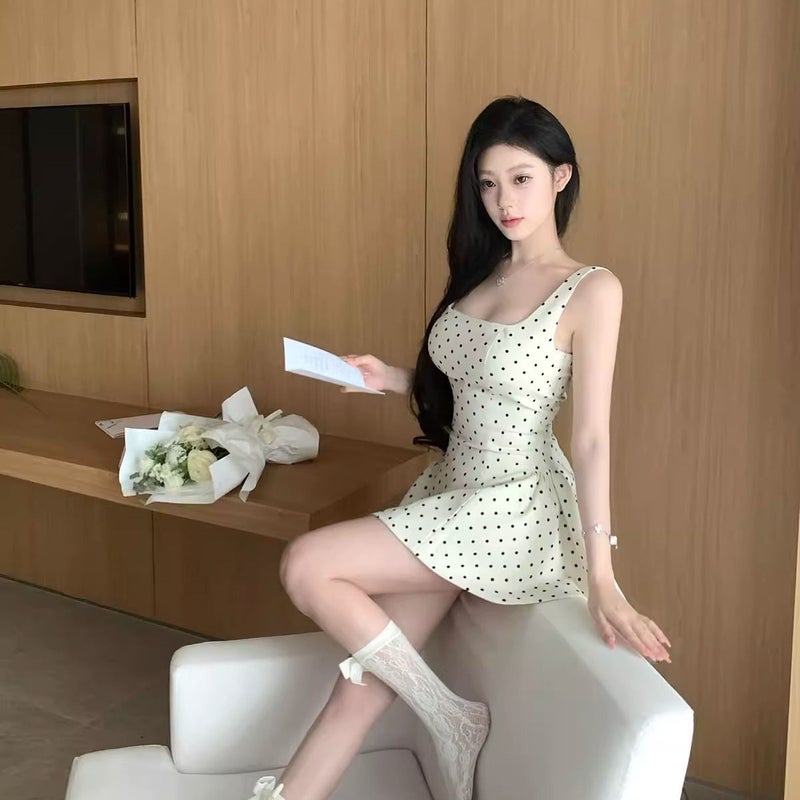French Polka Dot Square Neck Sleeveless Dress for Women Summer A-Line - Image 3