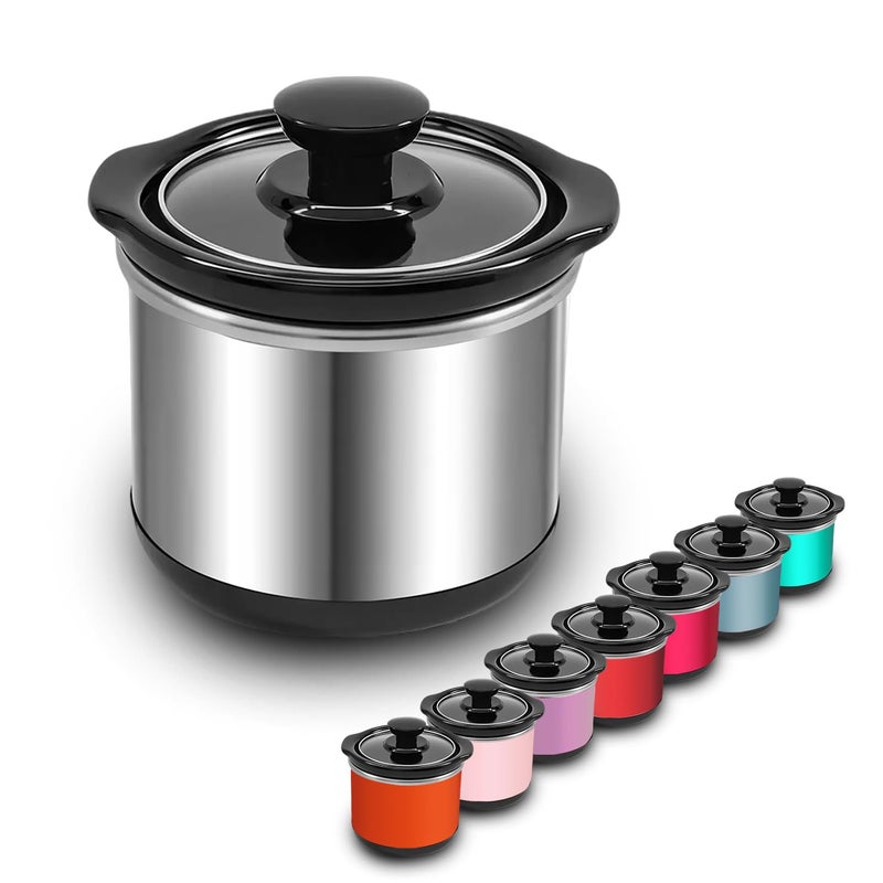 cupsync Mini Slow Cooker, 0.65 Qt Capacity small slow cooker, Ceramic Pot, Nutrient Loss Reduction, For Sauces, Stews & Dips, Stainless Steel Exterior, Round - Image 1