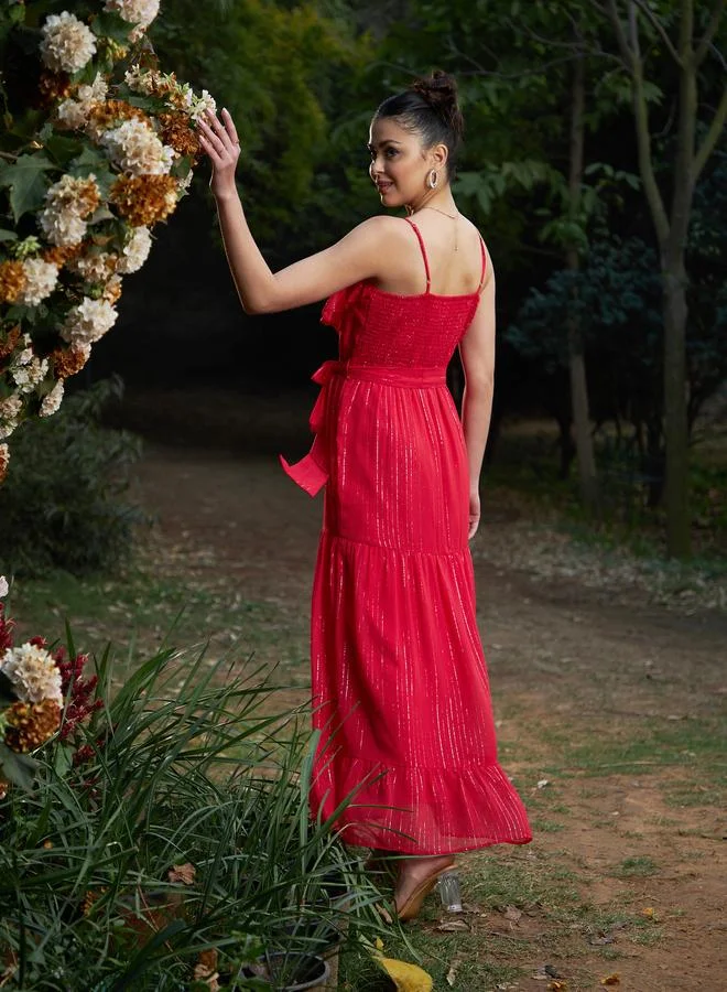 SASSAFRAS Ruffled Red Maxi Dress