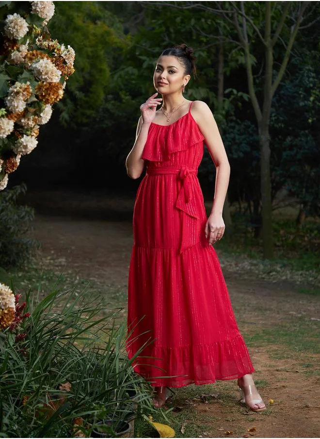 SASSAFRAS Sassafras Lurex Strappy Ruffle Tiered Maxi Dress
