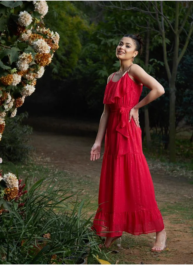 SASSAFRAS Sassafras Lurex Strappy Ruffle Tiered Maxi Dress