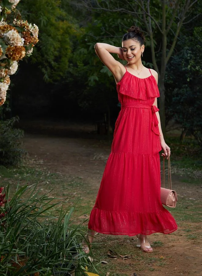 SASSAFRAS Ruffled Red Maxi Dress