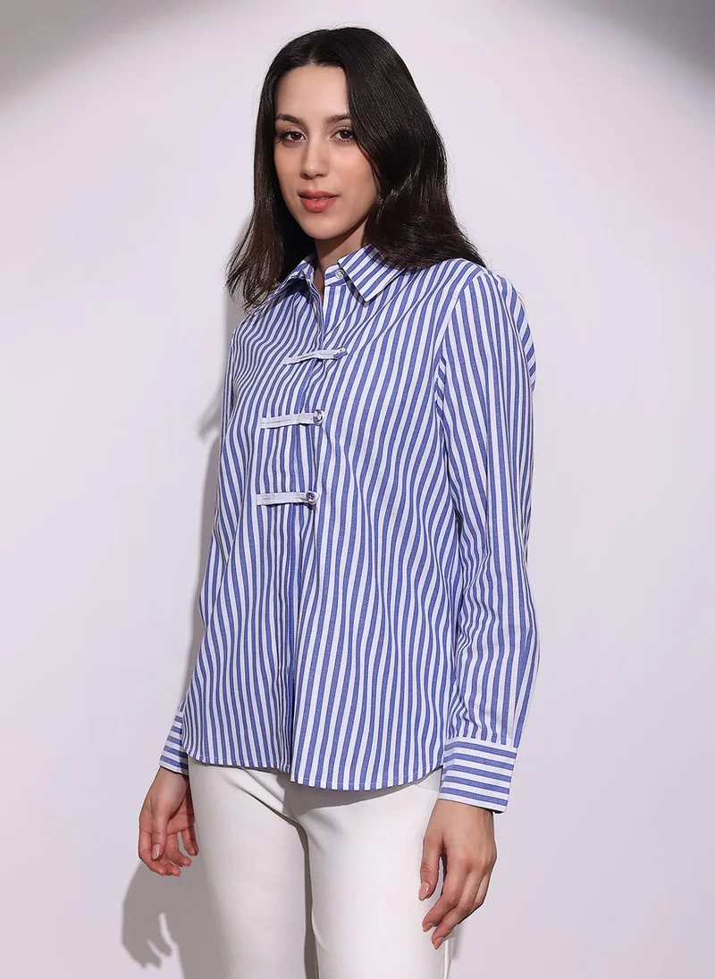 globus Globus Women Blue Striped Collared Neck Cuffed Sleeves Chinese Tab Oversized Workwear Shirt