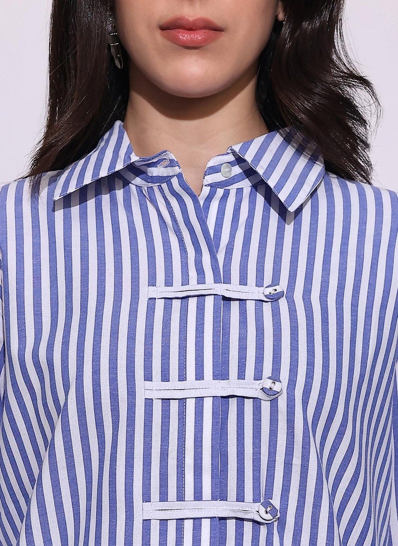 Globus Women's Blue Formal Shirt with Spread Collar and Vertical Stripes - Image 5