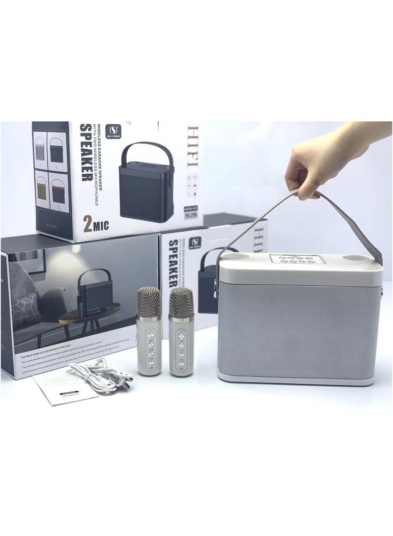 YS-219 Bluetooth Karaoke Speaker System with Dual Wireless Microphones – Powerful and Portable Sound System with Deep Bass, Vocal Effects, USB/TF Card Playback, AUX Input, and Rechargeable Battery – Ideal for Outdoor Parties, Events & Gatherings Silver - Image 4