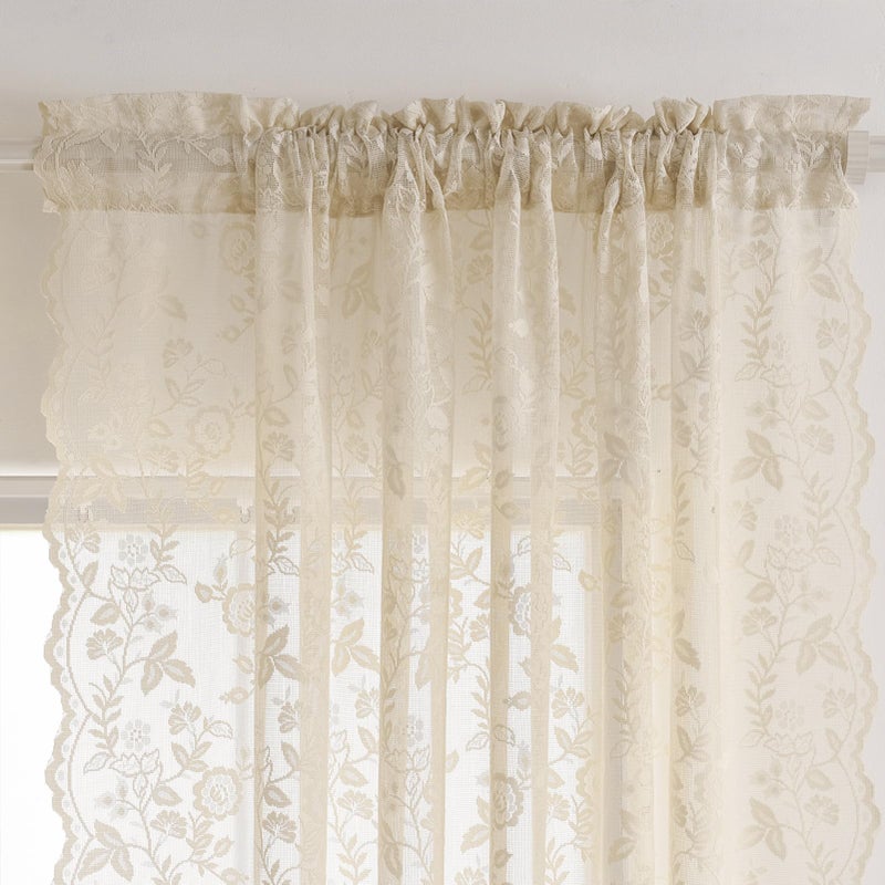 FINECITY Beige Lace Curtains 36 Inch Length 2 Panels Rusitc Leaf Floral Short Sheer Curtains for Kitchen Window Over Sink, Rod Pocket Privacy Light Filtering Lace Cafe Curtain, 42 x 36 Inch - Image 4