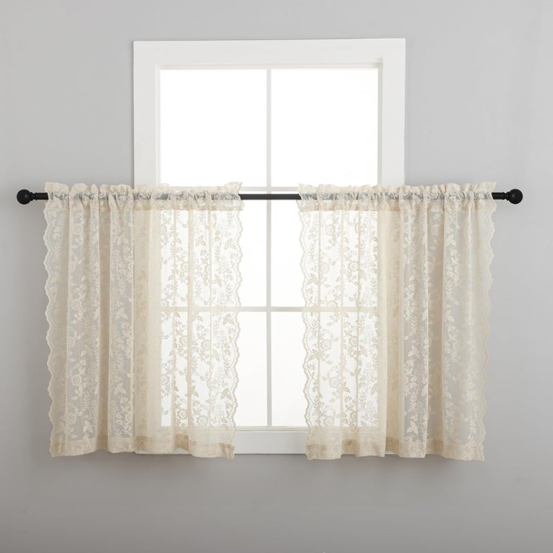 FINECITY Beige Lace Curtains 36 Inch Length 2 Panels Rusitc Leaf Floral Short Sheer Curtains for Kitchen Window Over Sink, Rod Pocket Privacy Light Filtering Lace Cafe Curtain, 42 x 36 Inch - Image 2