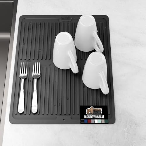 GORILLA GRIP 100 BPAFree Patented Silicone Dish Drying Mat for Kitchen Counter Water Catching Ribbed Design Easy Clean Waterproof Sink Liner Heat Resistant Fits Under Rack 12x16 Inch Black - Image 1