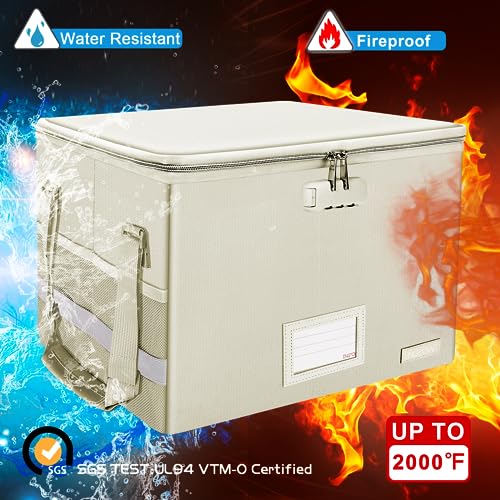 ENGPOW File Box with Lock, Fireproof Document Box with Zipper Lid, Collapsible File Storage Organizer Filing Cabinet with Handles, Portable Home Office Safe for Hanging Letter/Legal Folders, Beige - Image 5