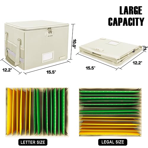 ENGPOW File Box with Lock, Fireproof Document Box with Zipper Lid, Collapsible File Storage Organizer Filing Cabinet with Handles, Portable Home Office Safe for Hanging Letter/Legal Folders, Beige - Image 4