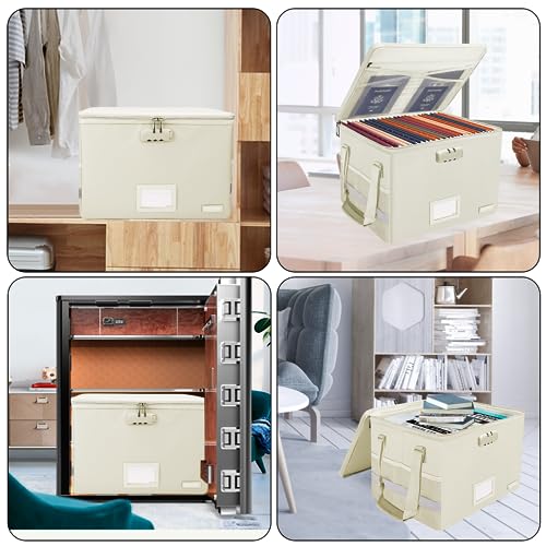 ENGPOW File Box with Lock, Fireproof Document Box with Zipper Lid, Collapsible File Storage Organizer Filing Cabinet with Handles, Portable Home Office Safe for Hanging Letter/Legal Folders, Beige - Image 2