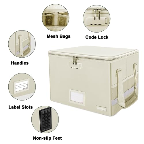 ENGPOW File Box with Lock, Fireproof Document Box with Zipper Lid, Collapsible File Storage Organizer Filing Cabinet with Handles, Portable Home Office Safe for Hanging Letter/Legal Folders, Beige - Image 3