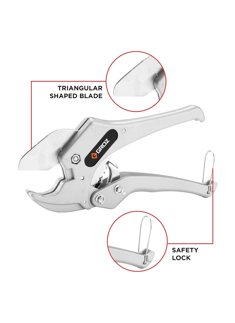 GROZ Ratcheting Pipe Cutter with OneHanded Operation Sharp Triangular Blades 50 Lesser Efforts Pipe cutter for PVC PEX Plastic Pipes And Rubber Tubes Cutting Capacity Up to 42mm diameter PCTRT42