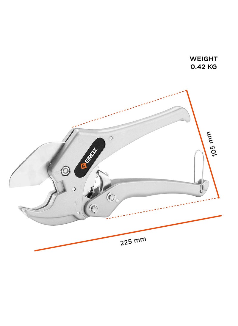 GROZ Ratcheting Pipe Cutter with OneHanded Operation Sharp Triangular Blades 50 Lesser Efforts Pipe cutter for PVC PEX Plastic Pipes And Rubber Tubes Cutting Capacity Up to 42mm diameter PCTRT42