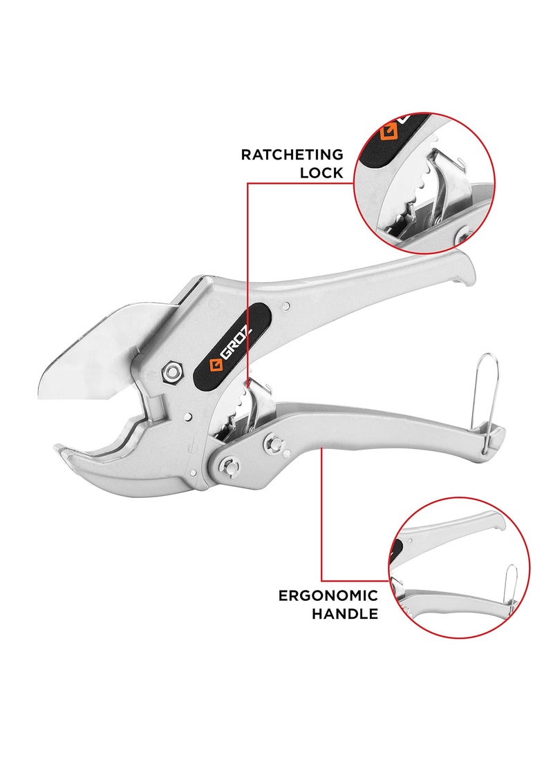 GROZ Ratcheting Pipe Cutter with OneHanded Operation Sharp Triangular Blades 50 Lesser Efforts Pipe cutter for PVC PEX Plastic Pipes And Rubber Tubes Cutting Capacity Up to 42mm diameter PCTRT42