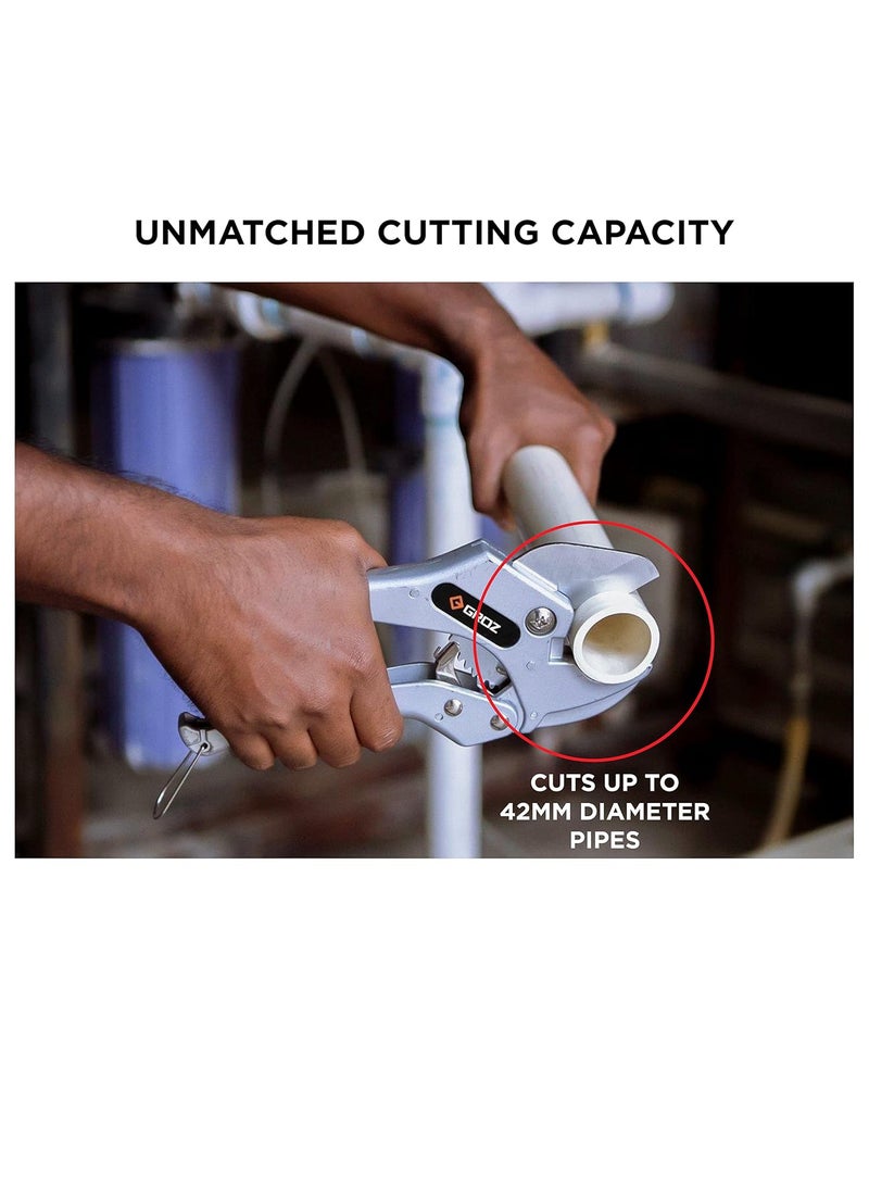 GROZ Ratcheting Pipe Cutter with OneHanded Operation Sharp Triangular Blades 50 Lesser Efforts Pipe cutter for PVC PEX Plastic Pipes And Rubber Tubes Cutting Capacity Up to 42mm diameter PCTRT42