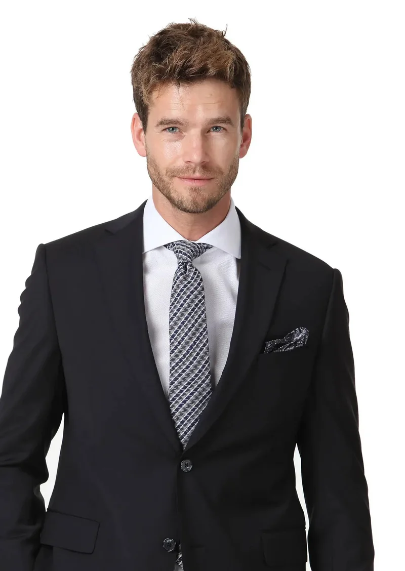 RAMSEY Black Plain Regular Fit Wool Blended Suit