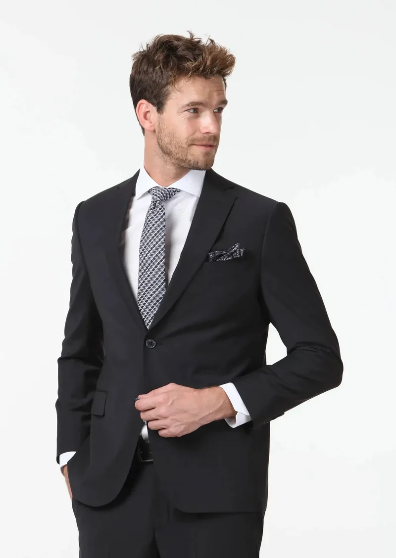 RAMSEY Black Plain Regular Fit Wool Blended Suit