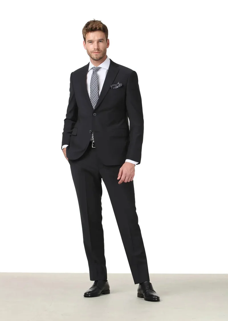 RAMSEY Black Plain Regular Fit Wool Blended Suit