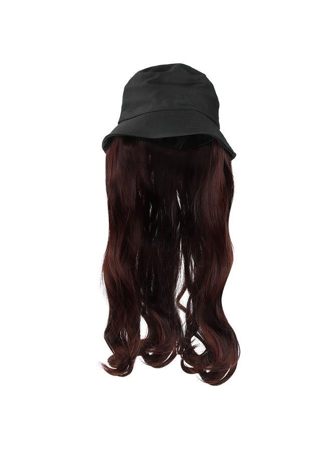 Fashionable Black Bucket Cap Hat Wig Long Curly Hair Extension Outdoor Hairpiece Dark Brown  - Image 1