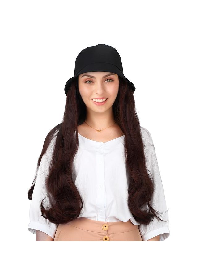 Fashionable Black Bucket Cap Hat Wig Long Curly Hair Extension Outdoor Hairpiece Dark Brown  - Image 2