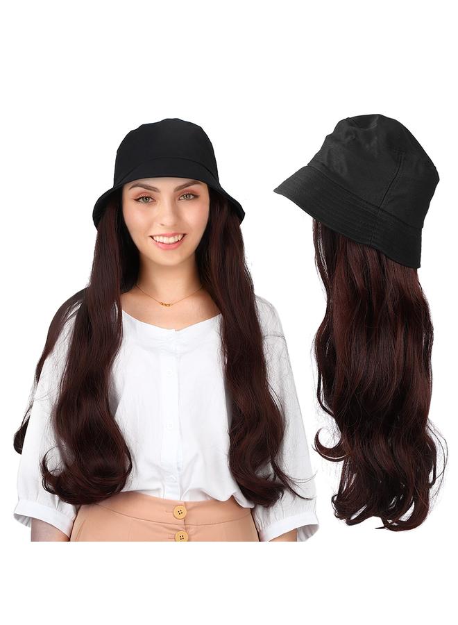 Fashionable Black Bucket Cap Hat Wig Long Curly Hair Extension Outdoor Hairpiece Dark Brown  - Image 3