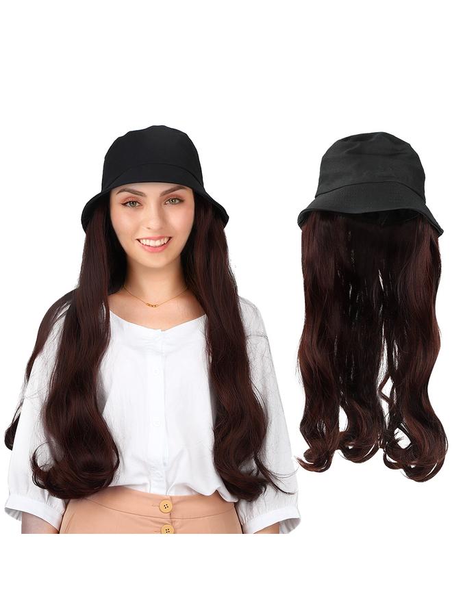 Fashionable Black Bucket Cap Hat Wig Long Curly Hair Extension Outdoor Hairpiece Dark Brown  - Image 5