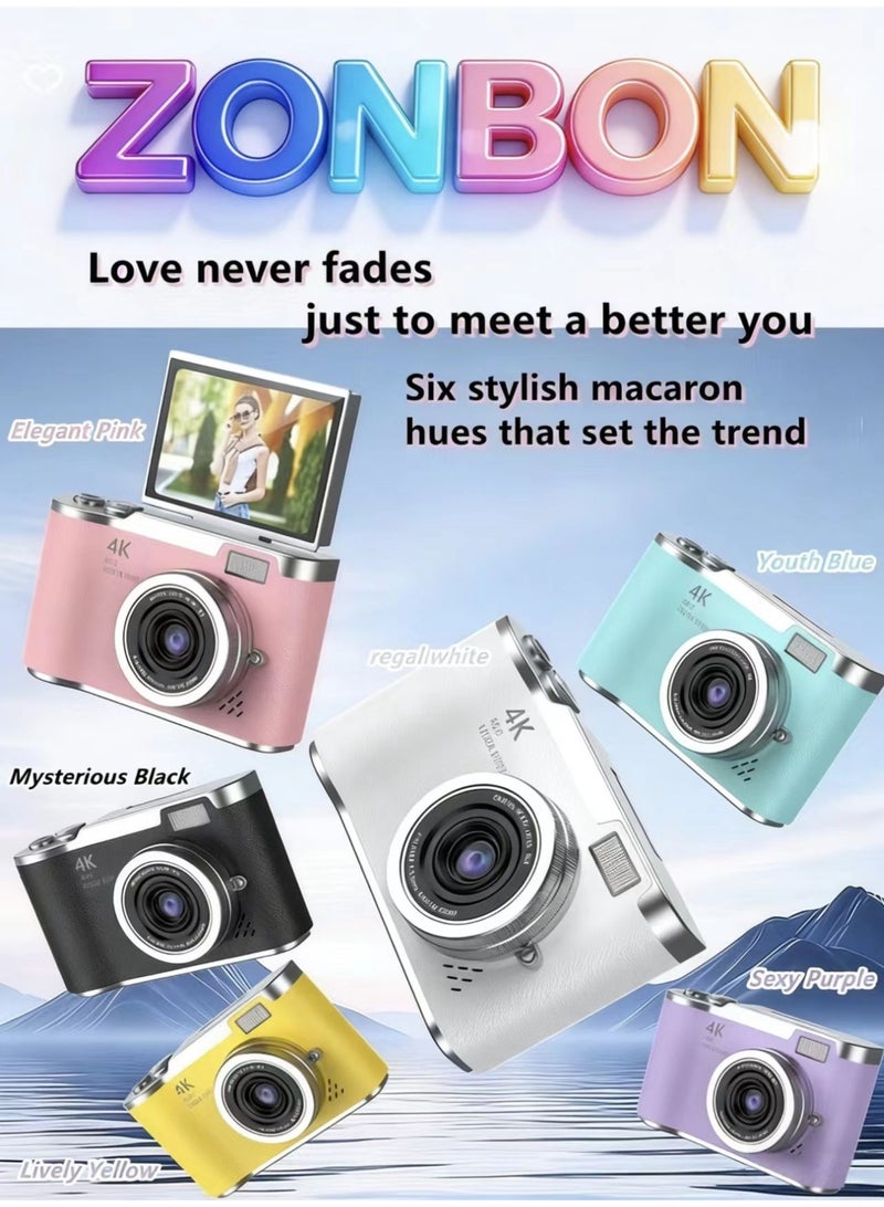 كاميرا رقمية طلابية 4K CCD مع تكبير رقمي، كاميرا فوتوغرافية رقمية محمولة بدقة 48 ميجابكسل، كاميرا تصوير ذاتية بشاشة قابلة للقلب بزاوية 180 درجة، مع بطاقة SD مجانية سعة 128 جيجابايت - view 2
