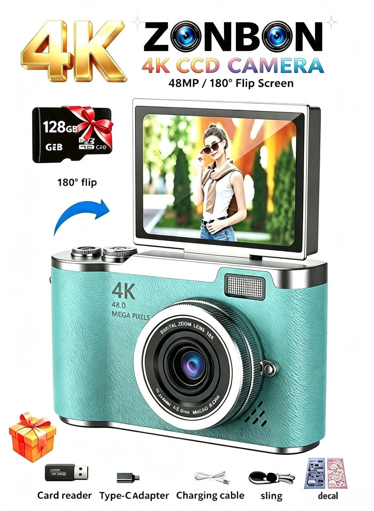 زونبون Zonbon 4k Ccd Digital Zoom Student Digital Camera Portable Digital Photography Camera 1 128GB